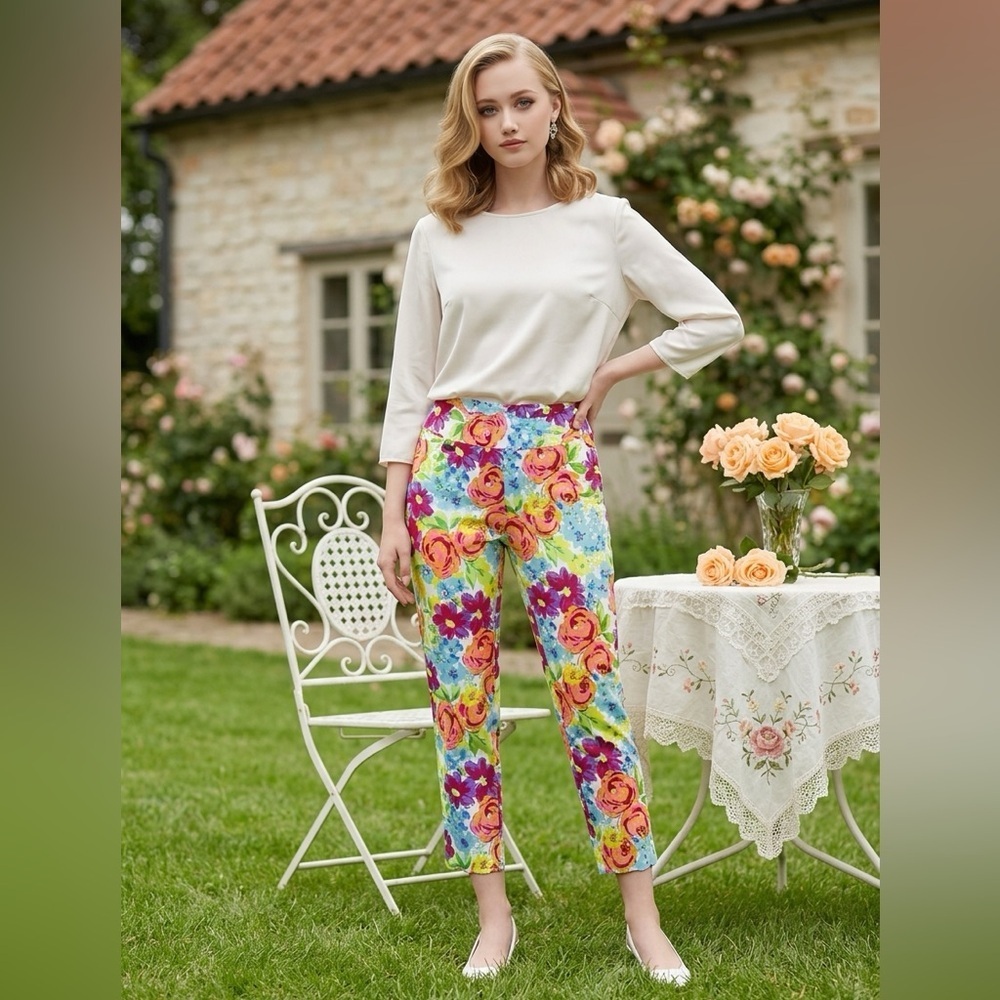 LN Peck & Peck SZ 8 White Floral Cropped Multi-Color Pull-on Pants/waist 30”-34”